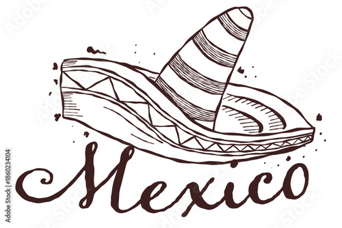 Hand drawn Mexico lettering with sombrero in traditional Mexican travel doodle style