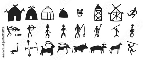 Cave painting prehistoric rock art hand drawn sketch style vector illustration set.