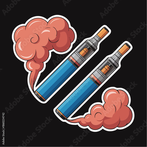 Electronic cigarette vaporizers illustrated with clouds of vapor.