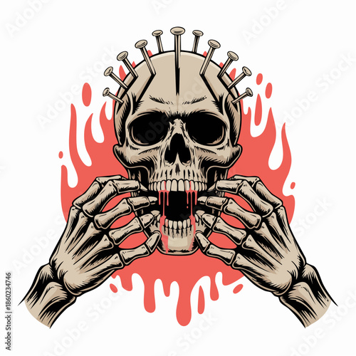 Dramatic skull bound by nails with flames around.