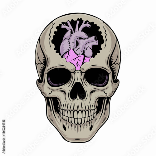 Illustrated skull with exposed brain art design.