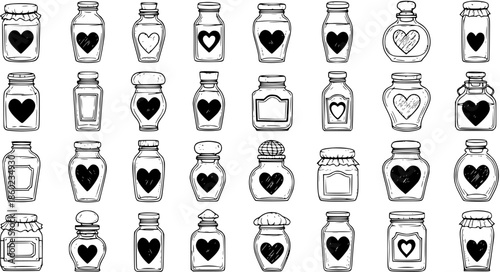 Hand-Drawn Black and White Line Art Seamless Pattern of Love Jars and Bottles with Hearts, perfect for Valentine's Day, Romance, and Relationship themes in a cute doodle style.