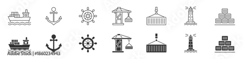 Maritime Shipping Icons Set, Cargo Port and Sea Transportation Symbols, Logistics, Harbor and Navigation Concept, Vector Illustration