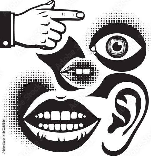 Black and white of pointing finger eye mouth and ear with halftone dots hand lips