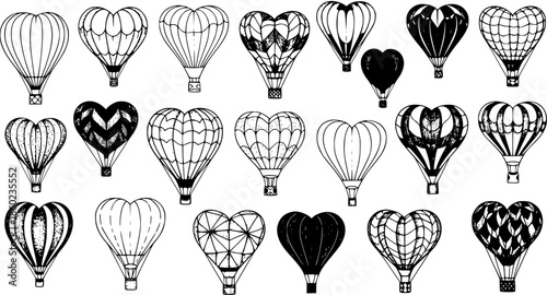 Black and White Hand Drawn Heart Hot Air Balloons Set - Romantic Line Art for Travel, Celebration, and Valentine's Day Designs
