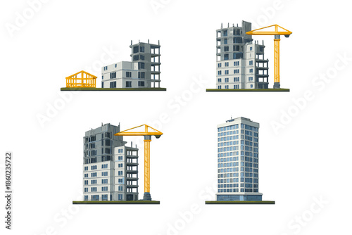 Four stages of building construction displayed on shelves