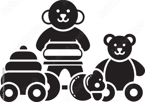 Black and white of stacked toys and teddy bears stacking toy wheels cartoon