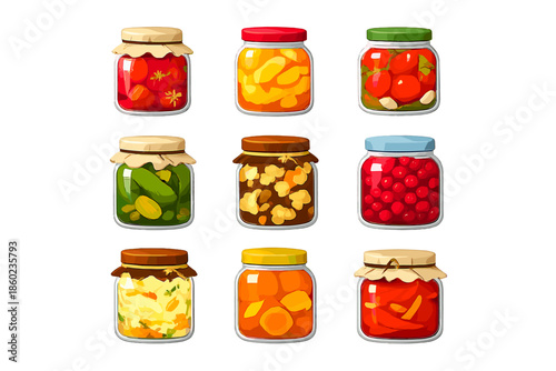 Collection of nine jars filled with preserved fruits and vegetables