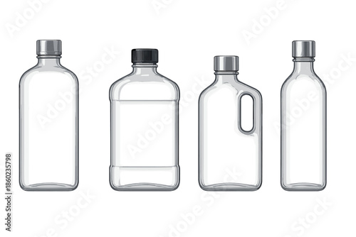 Four transparent plastic bottles with different shapes and caps