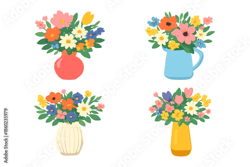 Colorful flower arrangements in vases against a blurred background