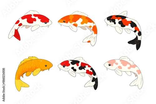 Six colorful koi fish swimming in a glowing underwater scene