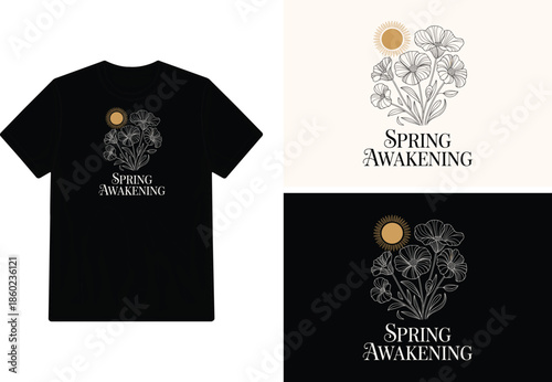 Black t shirt mockup displaying a floral design and spring awakening text