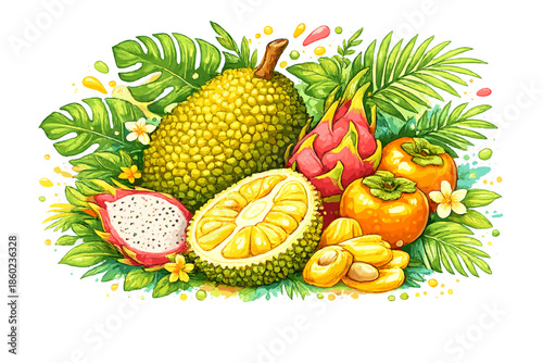 Vibrant Tropical Fruit Assortment with Lush Green Foliage