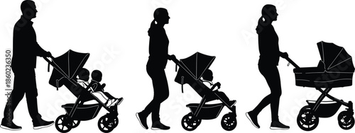 Black Silhouette Collection of Father and Mothers Walking with Baby Strollers and Prams for Parenting Childhood and Urban Lifestyle Theme