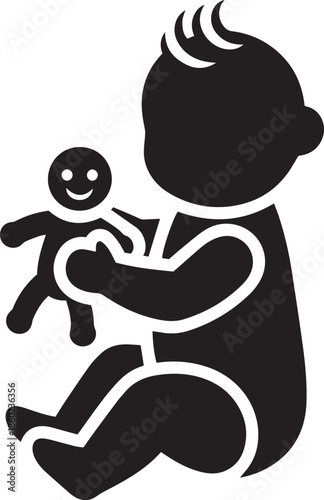 Black silhouette of a baby sitting and holding a doll infant child