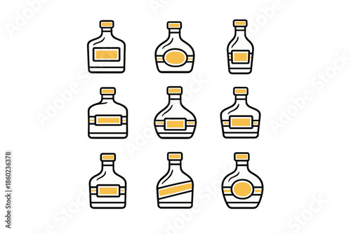 Nine stylized liquor bottles arranged in a grid.