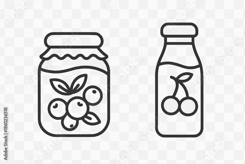 Line art icons of a jar of berries and a bottle of cherry juice