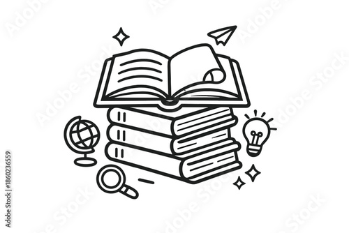 Stack of books with open book on top and study-related icons