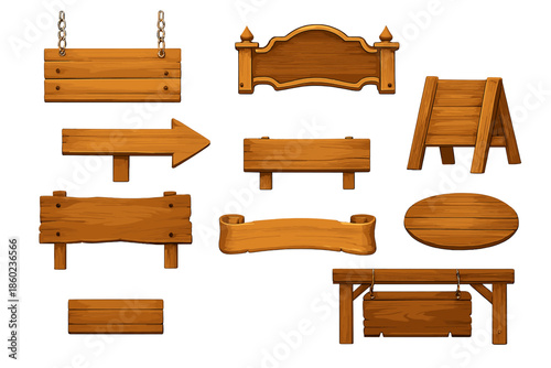 Collection of various wooden signs and boards with a rustic look
