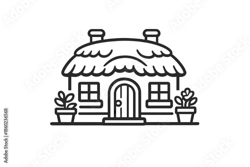 Charming thatched cottage icon with potted plants
