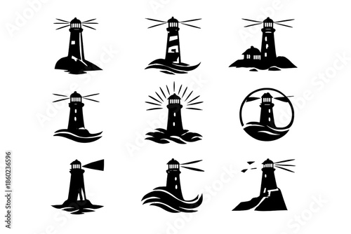 Collection of nine black lighthouse icons on a dark background
