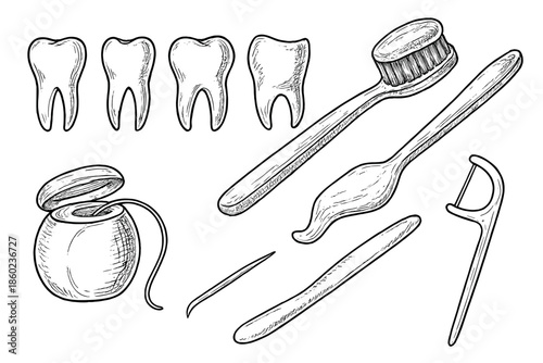 Dental Hygiene Tools and Teeth Illustration