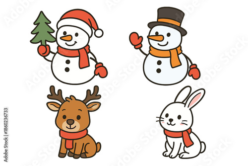 Cute Christmas Characters with Snowman, Reindeer, and Rabbit
