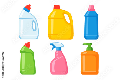 Set of colorful cleaning product bottles with glowing effects