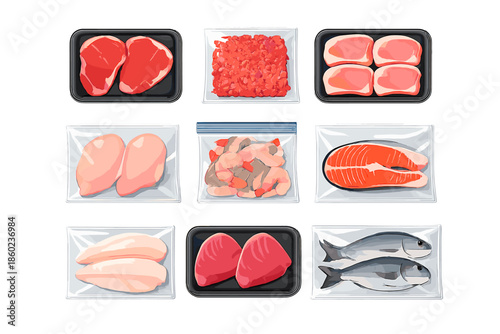 Variety of Raw Meat and Seafood Products on Gray Background