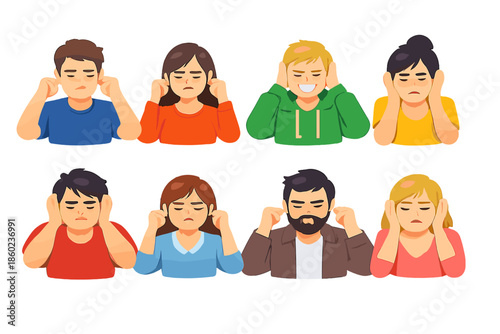 Diverse people covering ears with varied expressions