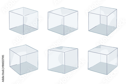 Six transparent cubes on a grey background