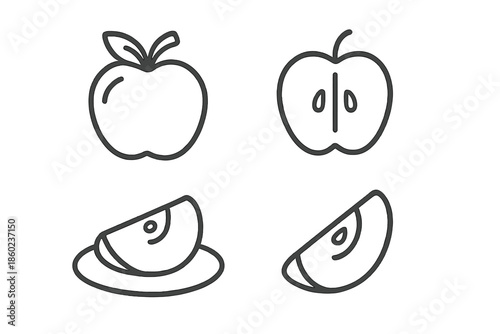 Outline icons of apples in four different views on a dark background