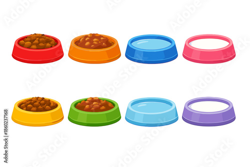 Eight colorful pet food bowls arranged in two rows