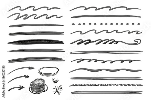 Collection of hand-drawn line art elements