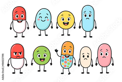 Cute Cartoon Pills Expressing Various Emotions