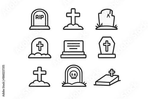 Set of nine tombstone icons on a grey background