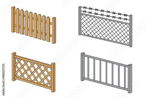 Four types of fences in isometric view