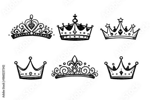 Collection of Six Hand-Drawn Crowns on Gradient Background