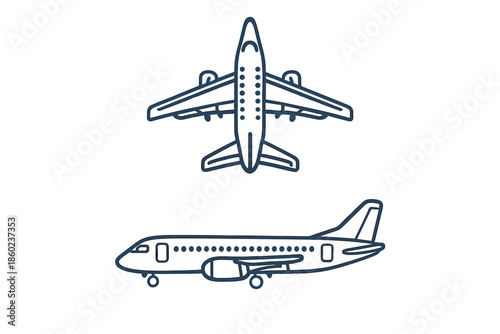 Two airplanes, one from above, one from the side, on a gray background