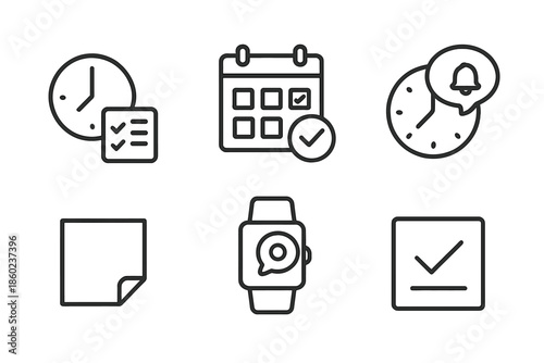 Set of six dark UI icons for time management and productivity