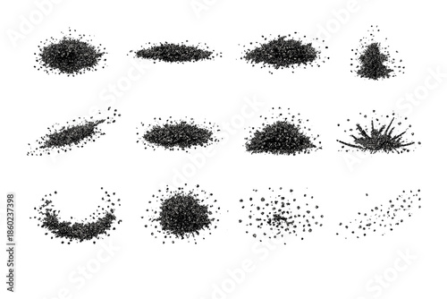 Collection of 12 abstract shapes made of dark particulate matter on a gradient background