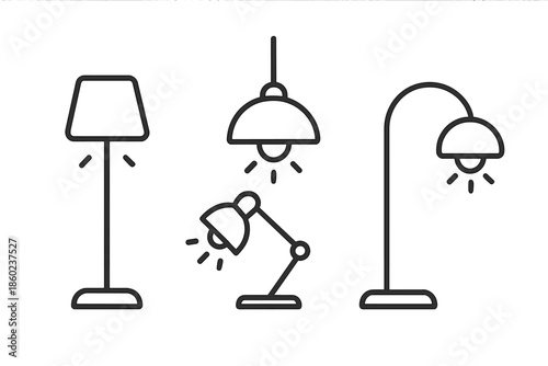 Set of minimalist line art icons of different lamps on a dark gray background