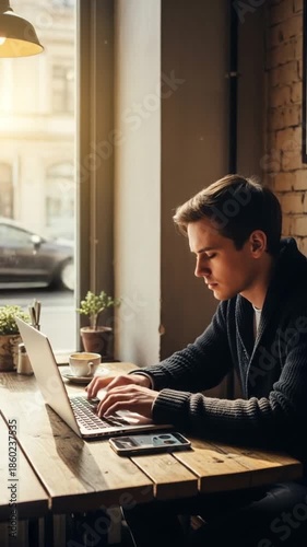 Man working on laptop in cafe near window with sunlight.