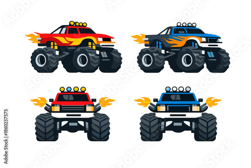 Four monster trucks with flames