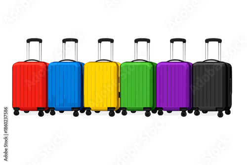 Rainbow colored luggage against a dark background
