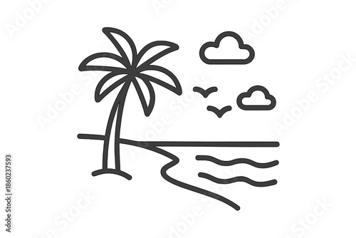 Palm tree and beach outline icon on a grey background