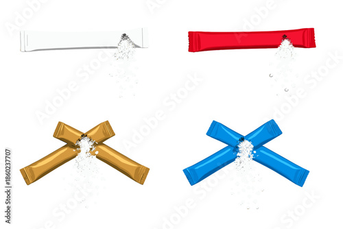 Four colorful stick pack sachets spilling white powder against a blurred background