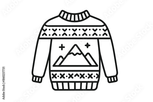 Line art of a cozy sweater with a mountain scene
