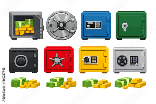 Collection of colorful safes with money and gold bars