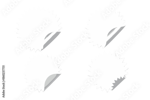 Four blank starburst stickers with peeled corners on a metallic background